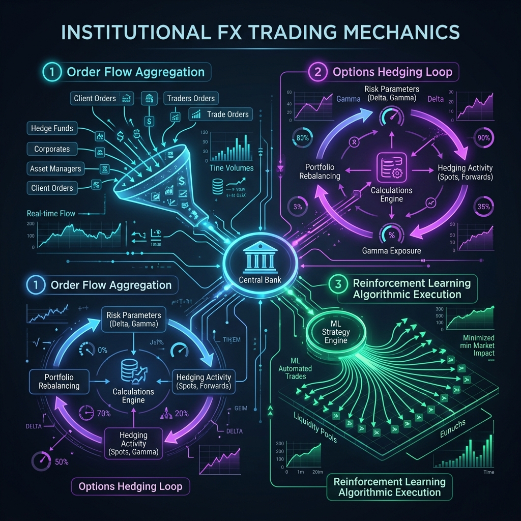 Infographic explaining bank order flow aggregation, option hedging loops, and execution algorithms